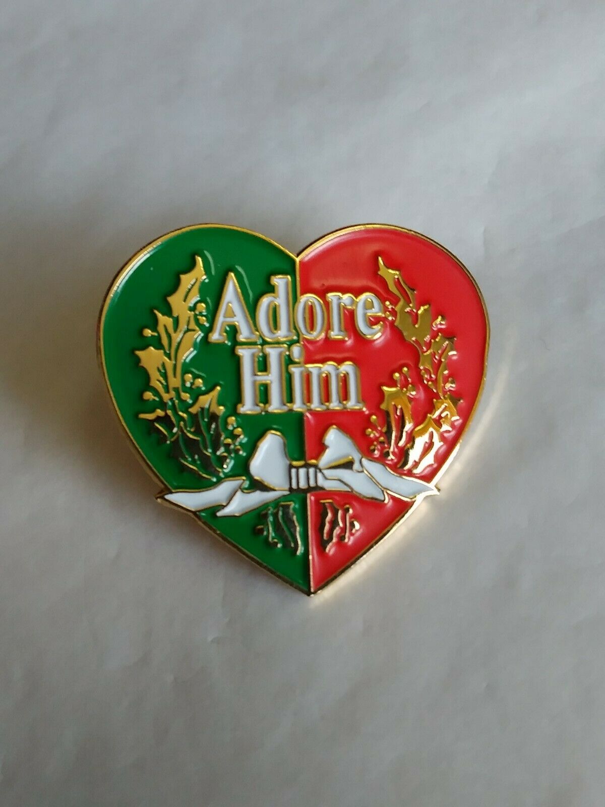 Adore Him Lapel Pin Red Green & Gold Color Heart With White Bow Christianity