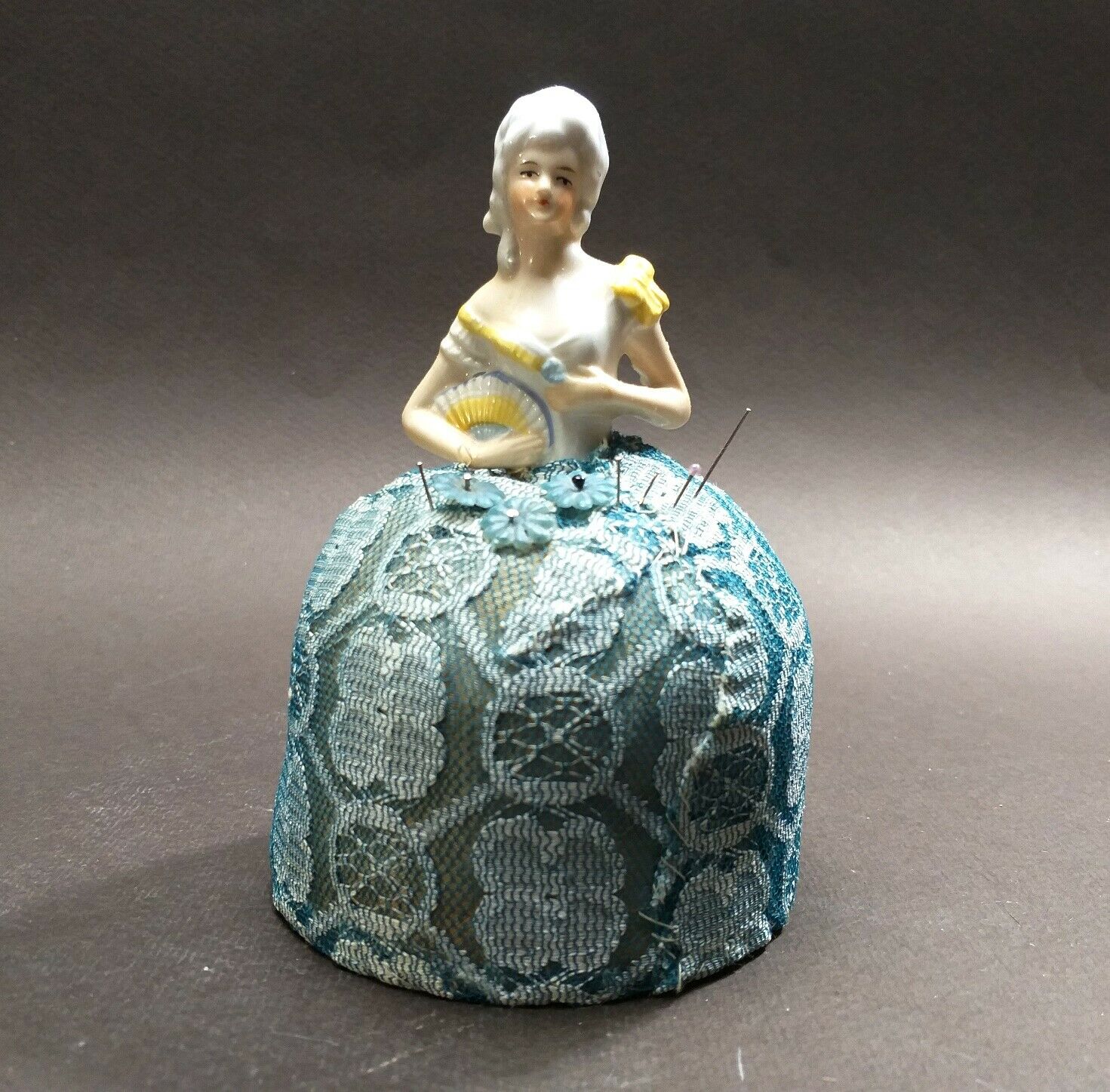 Beautiful Old Antique Vintage Victorian Porcelain Girl Half Doll Pin Cushion