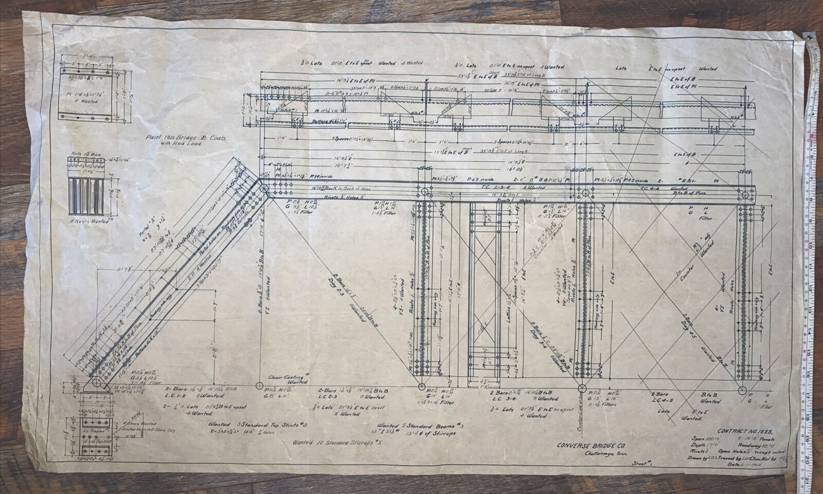 Antique 1904 Steel Bridge Engineering Blueprint