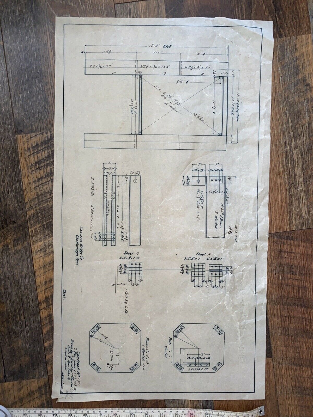 Antique 1904 Steel Bridge Engineering Blueprint