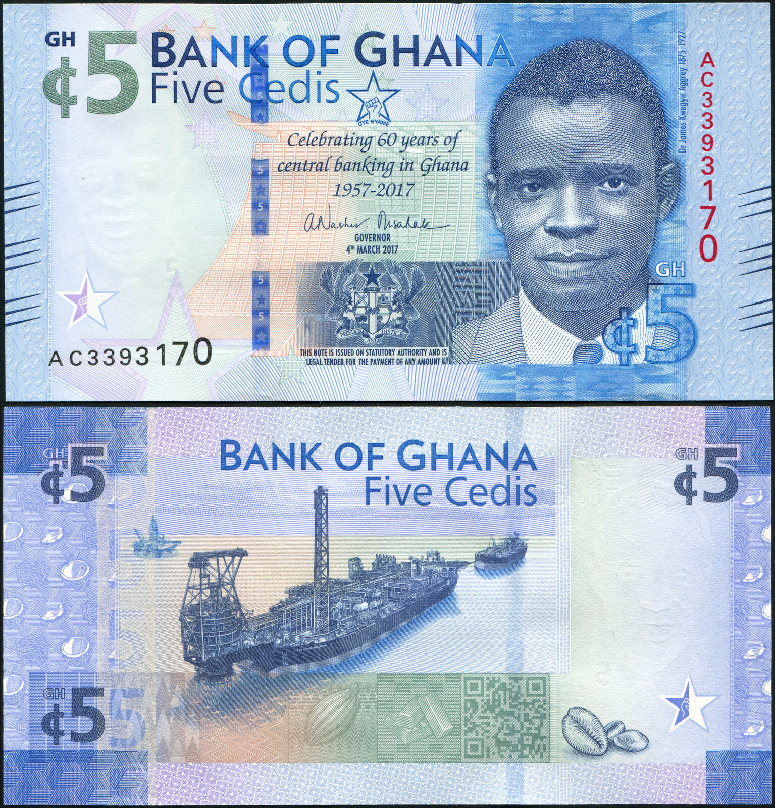 Ghana 5 Cedis. 04.03.2017 Unc. Banknote Cat# P.43a
