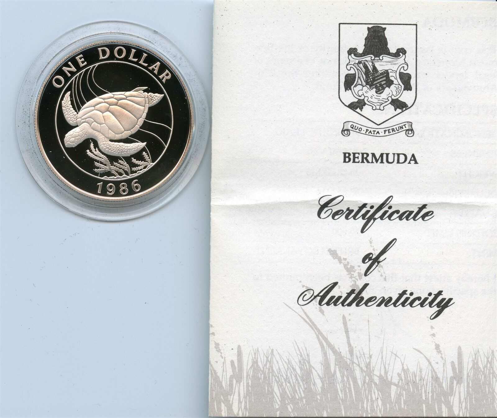 Bermuda $1 Dollar Silver Proof Crown 1986 Sea Turtle Nice With Coa (folded)
