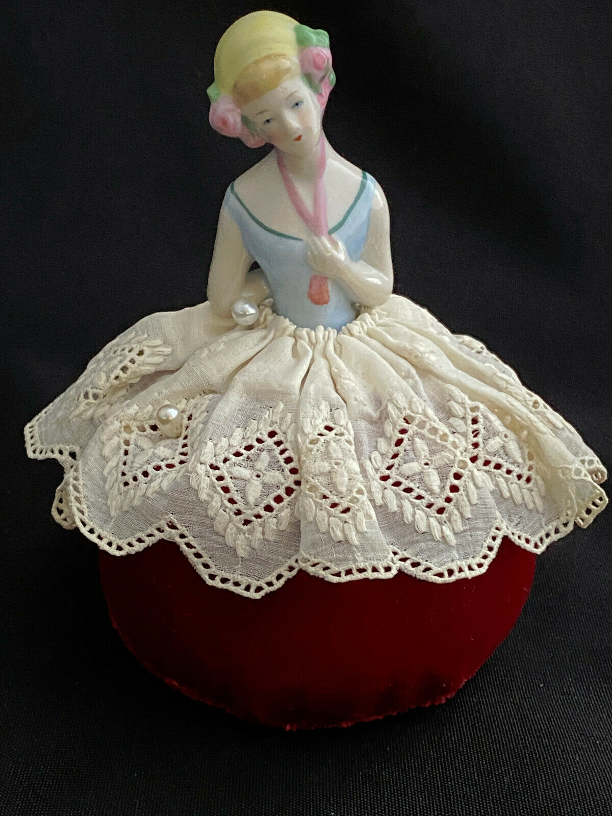 Vintage Porcelain Half Doll Velvet Pin Cushion Boudior Doll Lady Victorian Lace