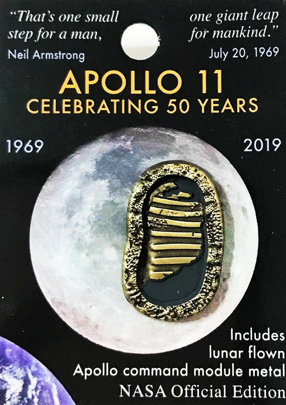 Apollo 11 - 50th Anniversary - Lunar Flown Metal Nasa Official Pin Coa Mint