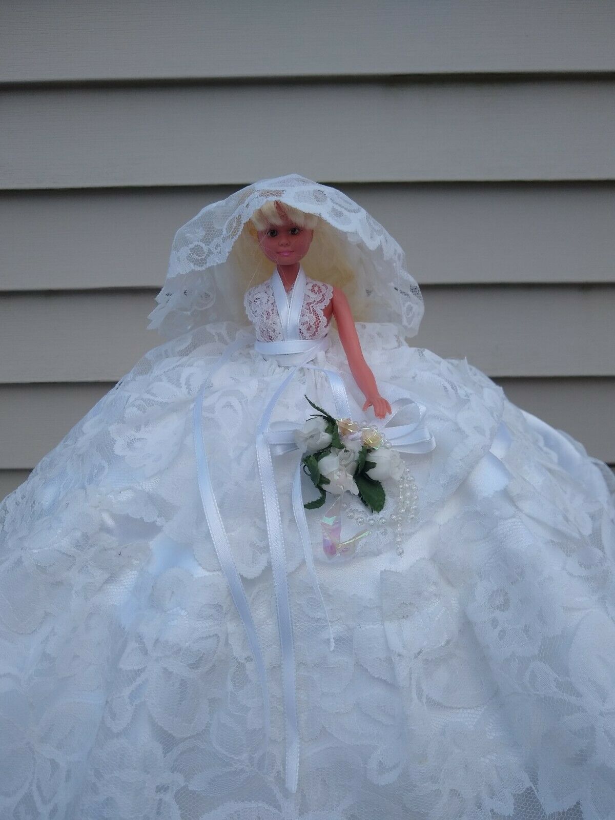 Wedding Pin Cushion Doll Handmade White Satin & Lace Tiered Centerpiece Gift Etc